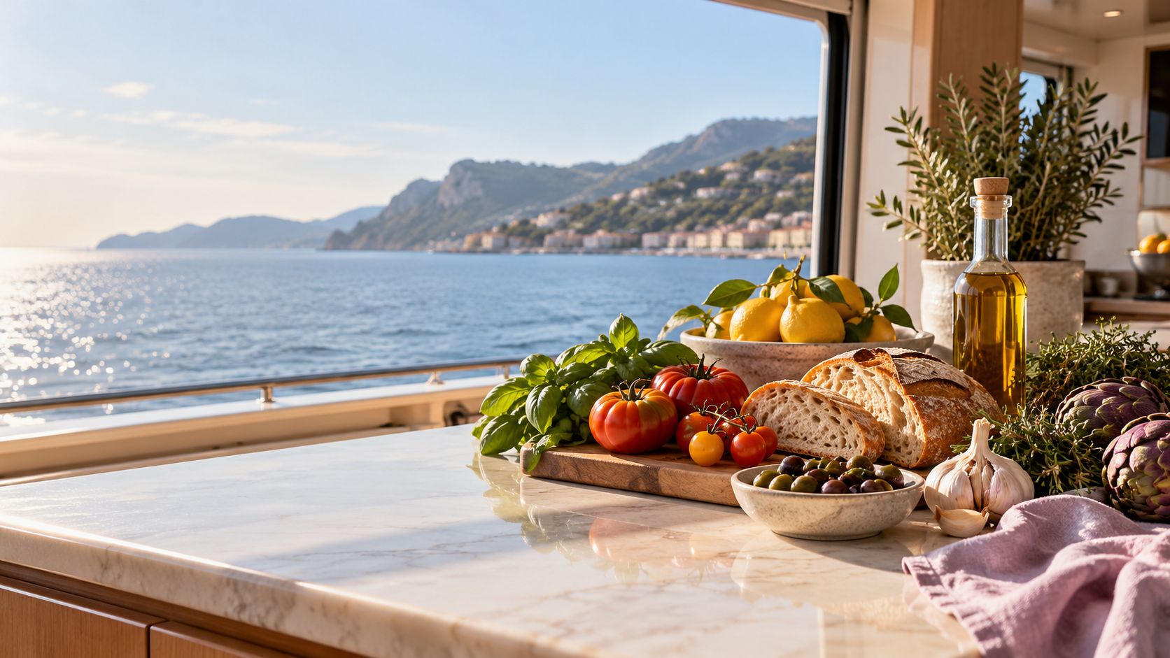 Tomatoes, bread, olives and artichokes on a galley counter overlooking the Riviera.