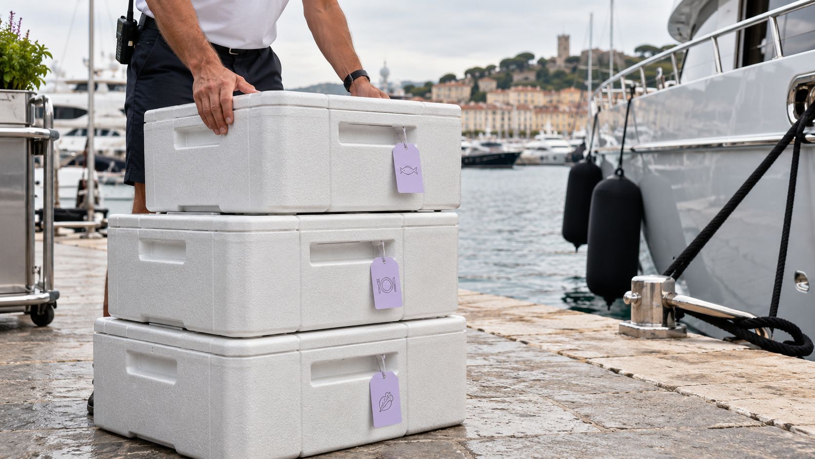 Labelled insulated boxes stacked on the quay beside a yacht.