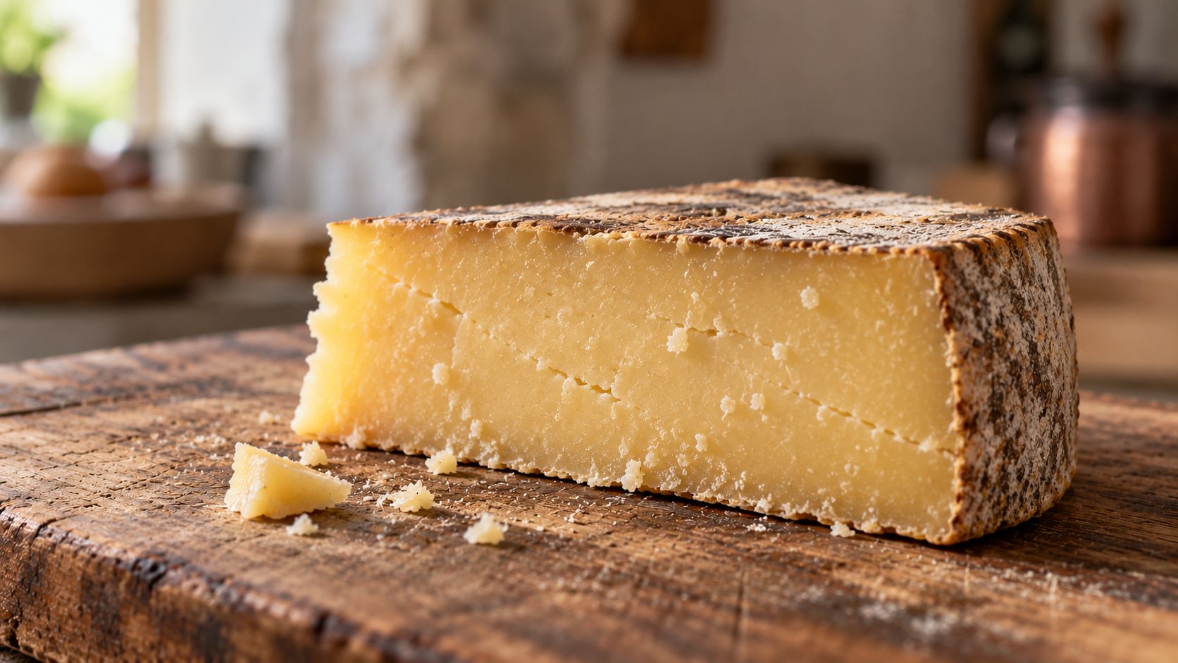 A wedge of aged hard cheese with small crystals, on a worn wooden board.