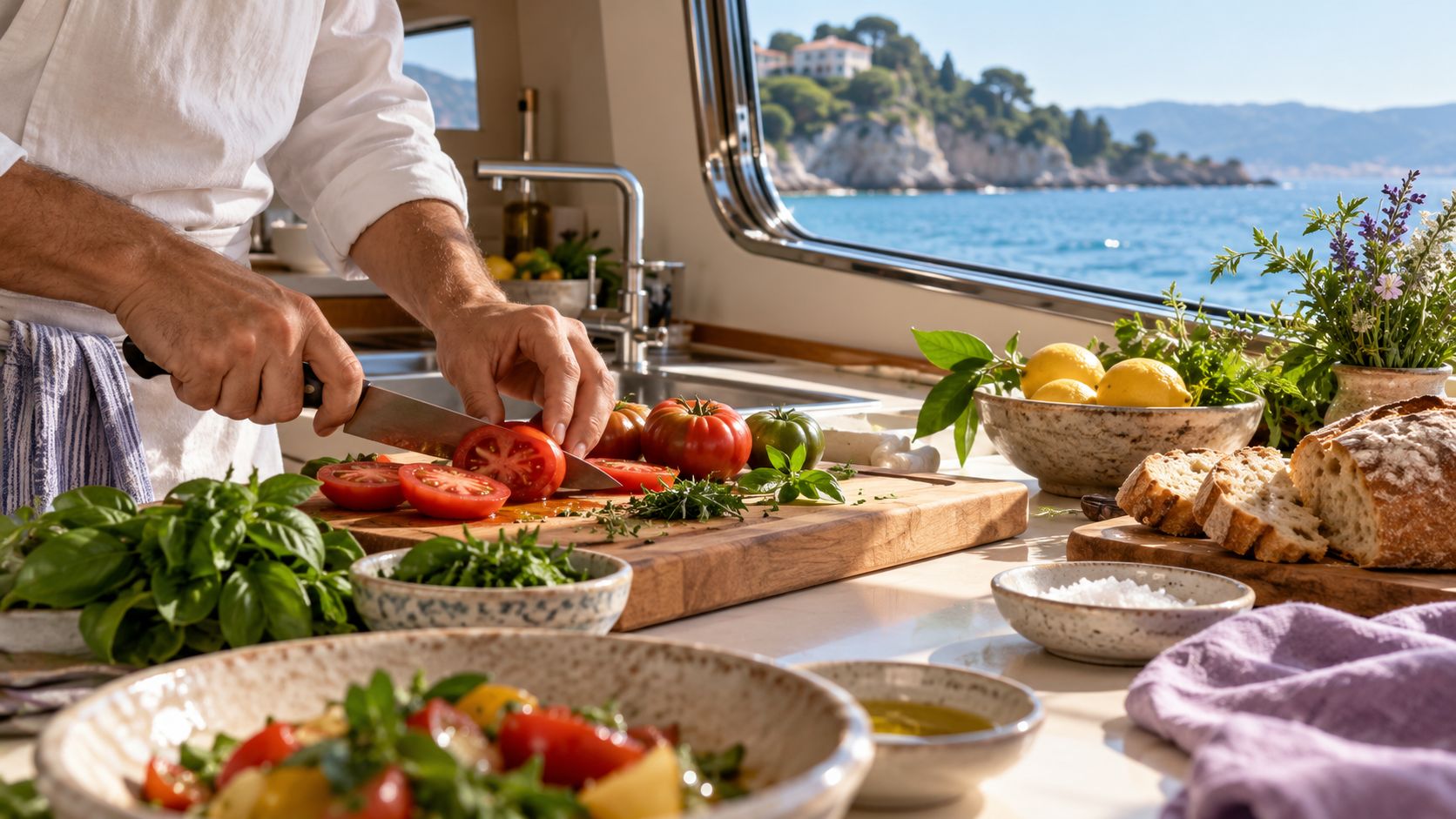 A chef slicing tomatoes in a yacht galley, the coast behind the window.